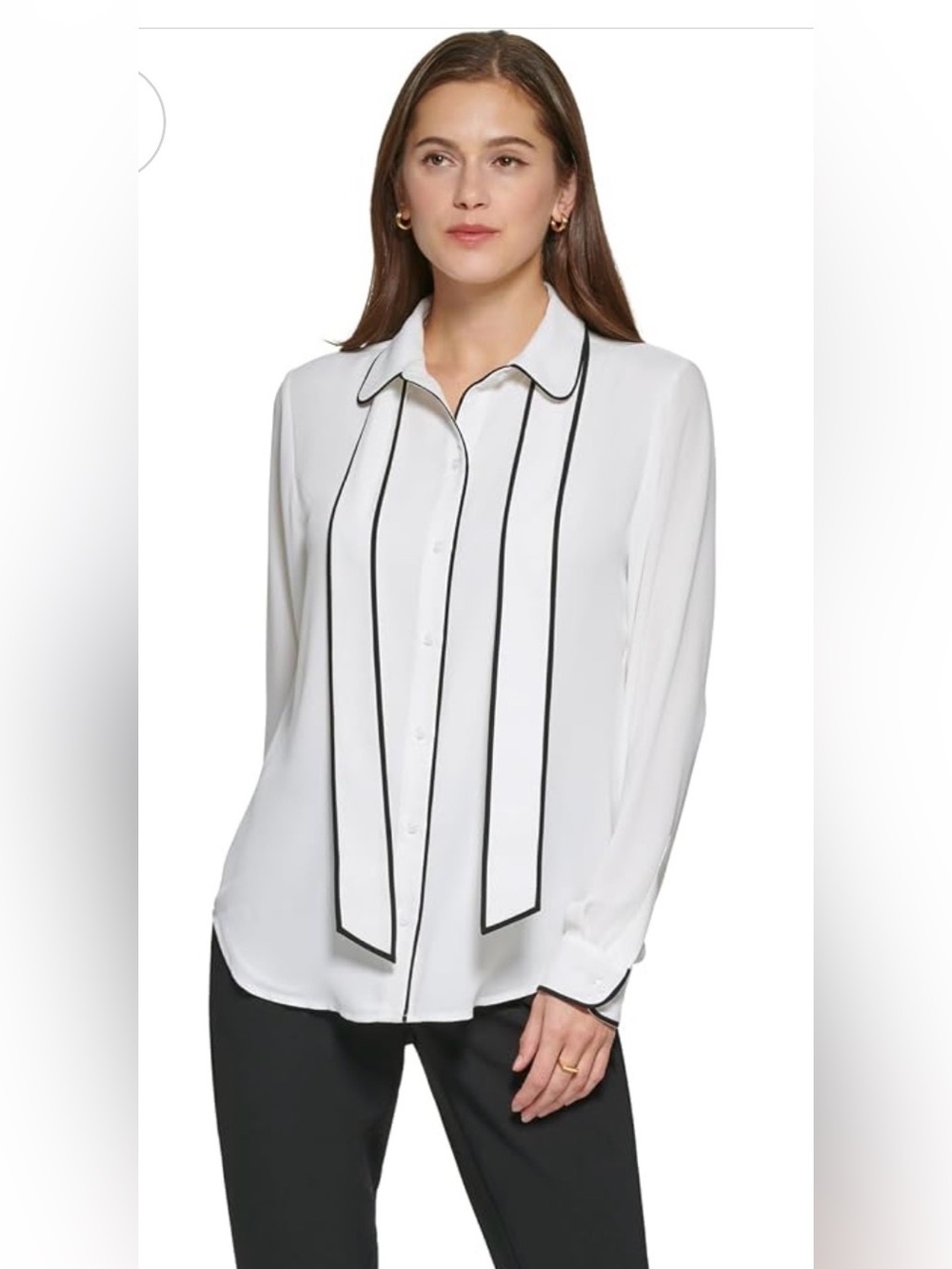 DKNY Women's Long Sleeve Button Front Collared Blouse with Black Trim